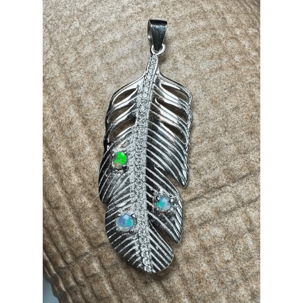 'Fern of Serenity' ~ Handcrafted 0.6ct Solid Lightning Ridge Opal and Cubic Zirconia 925 Sterling Silver Fern Pendant Necklace