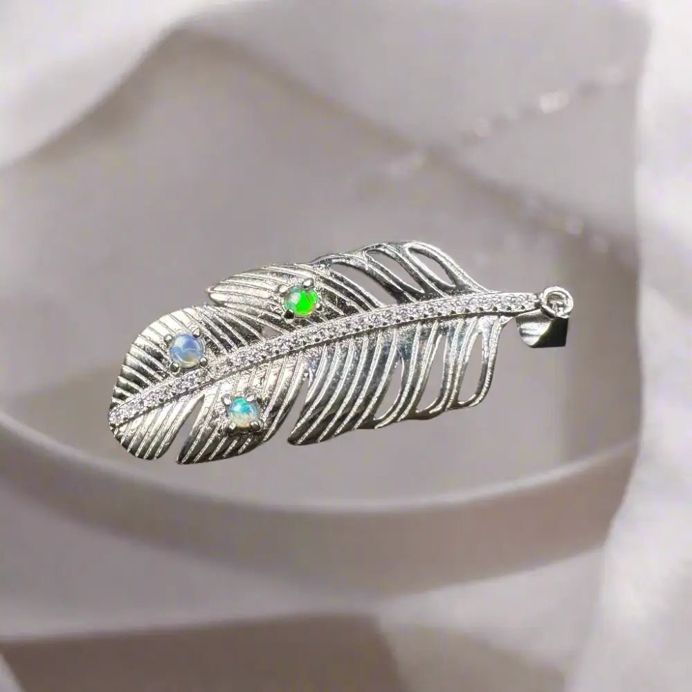 'Fern of Serenity' ~ Handcrafted 0.6ct Solid Lightning Ridge Opal and Cubic Zirconia 925 Sterling Silver Fern Pendant Necklace
