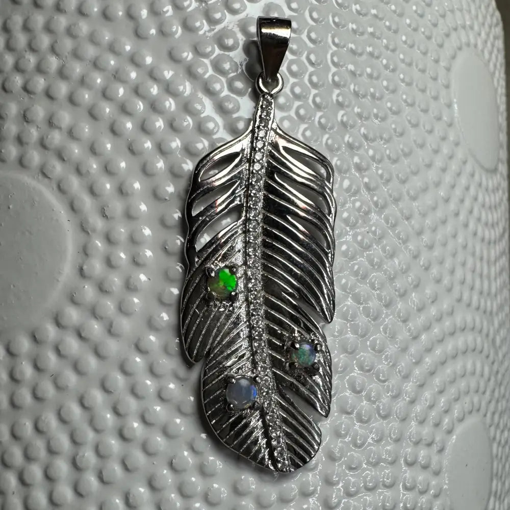 'Fern of Serenity' ~ Handcrafted 0.6ct Solid Lightning Ridge Opal and Cubic Zirconia 925 Sterling Silver Fern Pendant Necklace
