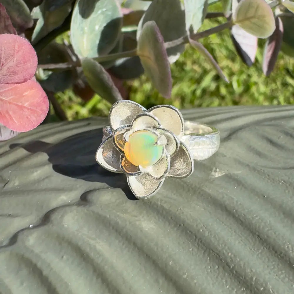 ’Flowers Bloom’ ~ Handcrafted 0.8ct Solid Lightning Ridge Opal 925 Sterling Silver Ring Size M (6.5)