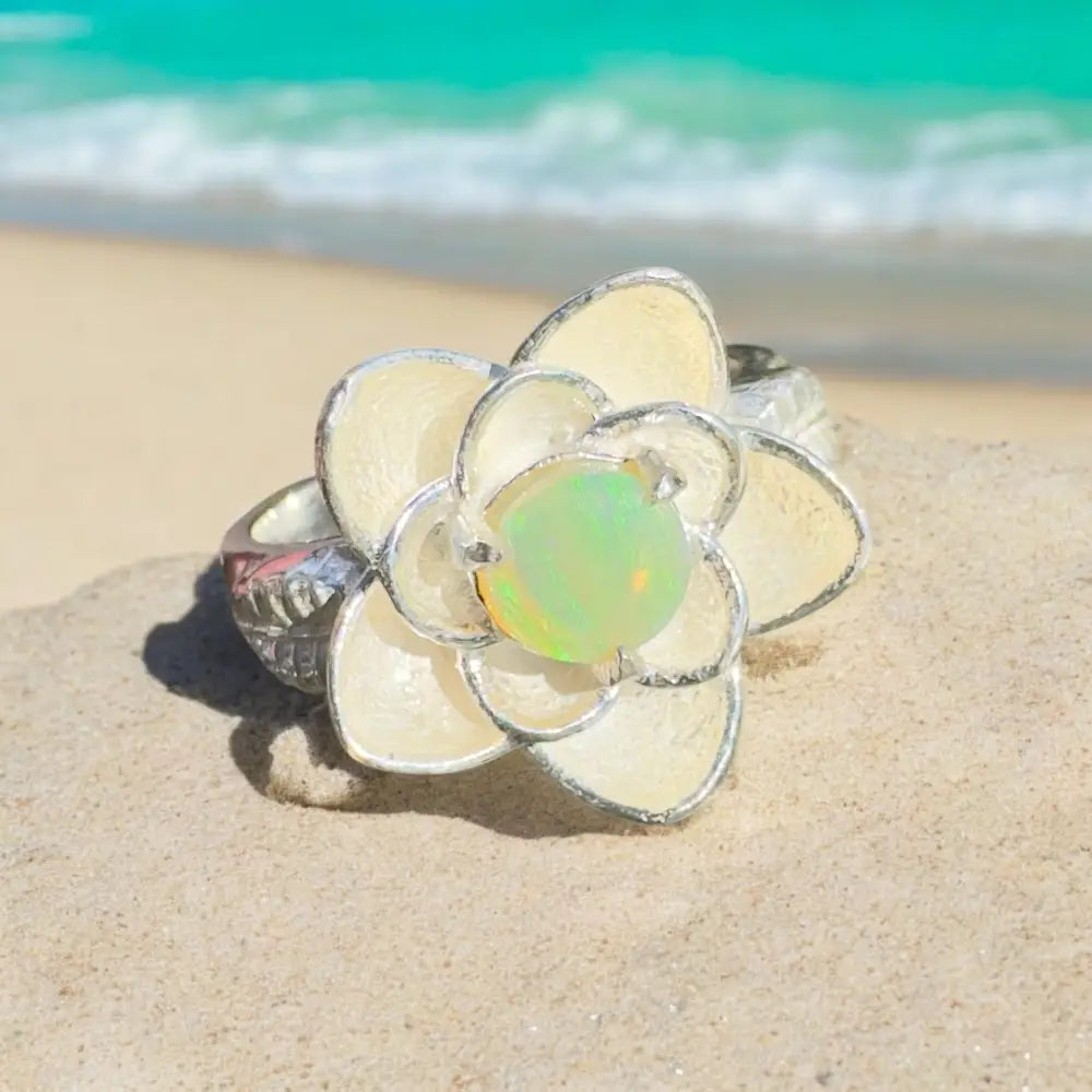 ’Flowers Bloom’ ~ Handcrafted 0.8ct Solid Lightning Ridge Opal 925 Sterling Silver Ring Size M (6.5)