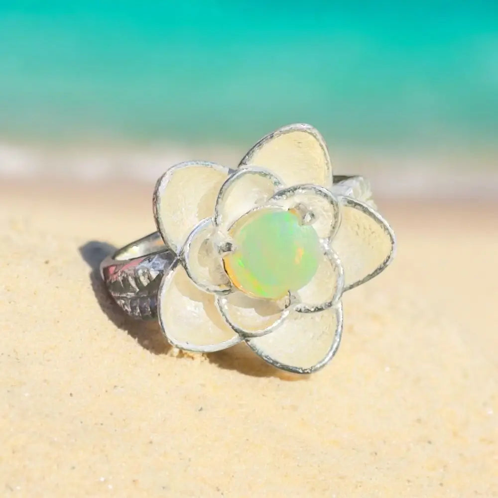 ’Flowers Bloom’ ~ Handcrafted 0.8ct Solid Lightning Ridge Opal 925 Sterling Silver Ring Size M (6.5)