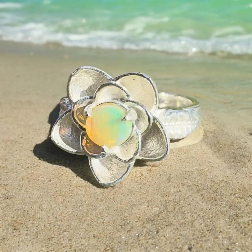 ’Flowers Bloom’ ~ Handcrafted 0.8ct Solid Lightning Ridge Opal 925 Sterling Silver Ring Size M (6.5)