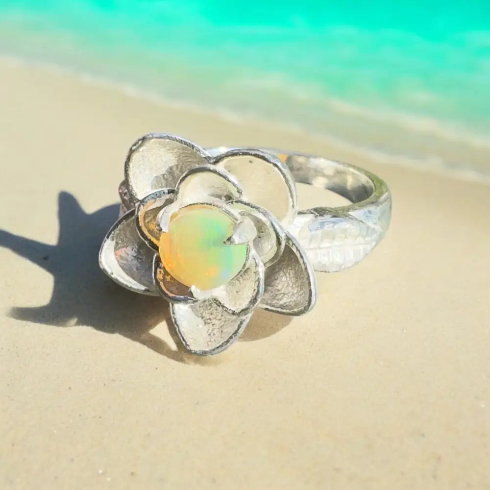 ’Flowers Bloom’ ~ Handcrafted 0.8ct Solid Lightning Ridge Opal 925 Sterling Silver Ring Size M (6.5)