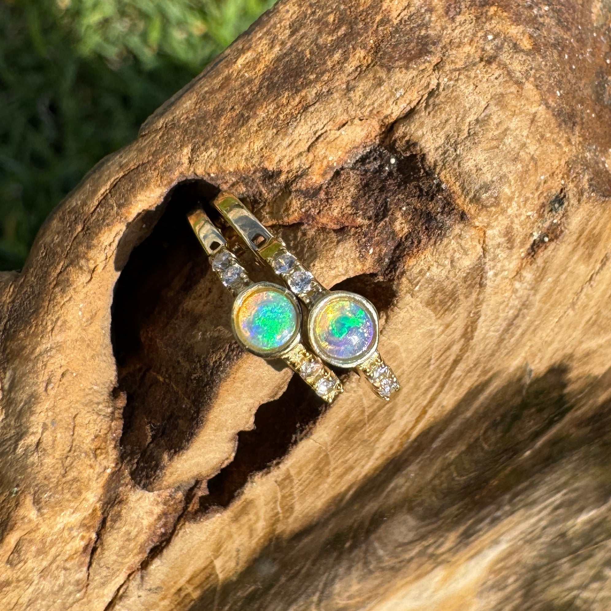 Golden Minima ~ 0.6ct Coober Pedy Crystal Opal 9ct Gold and Cubic Zirconia Hoop Earrings