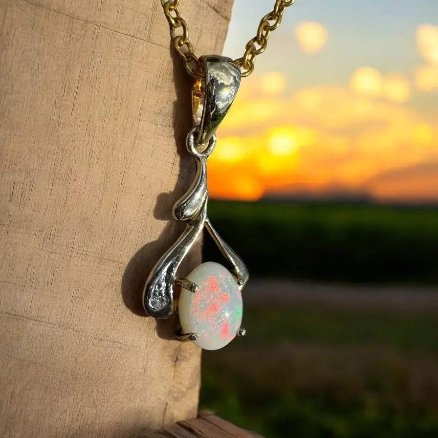‘Golden Red Centre' ~ Handcrafted 0.7ct Solid Coober Pedy Opal and Natural Diamond 9ct Australian Gold Pendant
