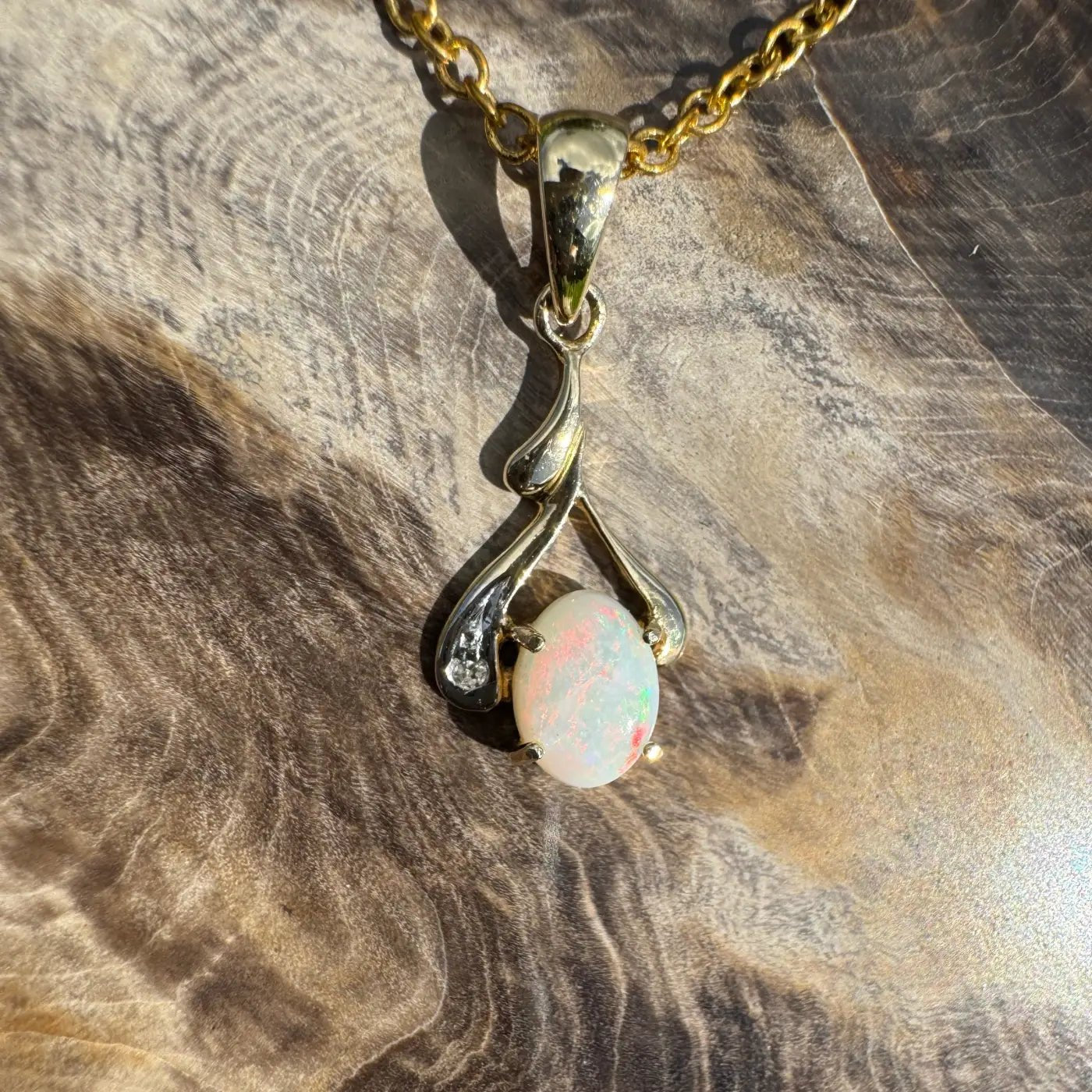 ‘Golden Red Centre' ~ Handcrafted 0.7ct Solid Coober Pedy Opal and Natural Diamond 9ct Australian Gold Pendant