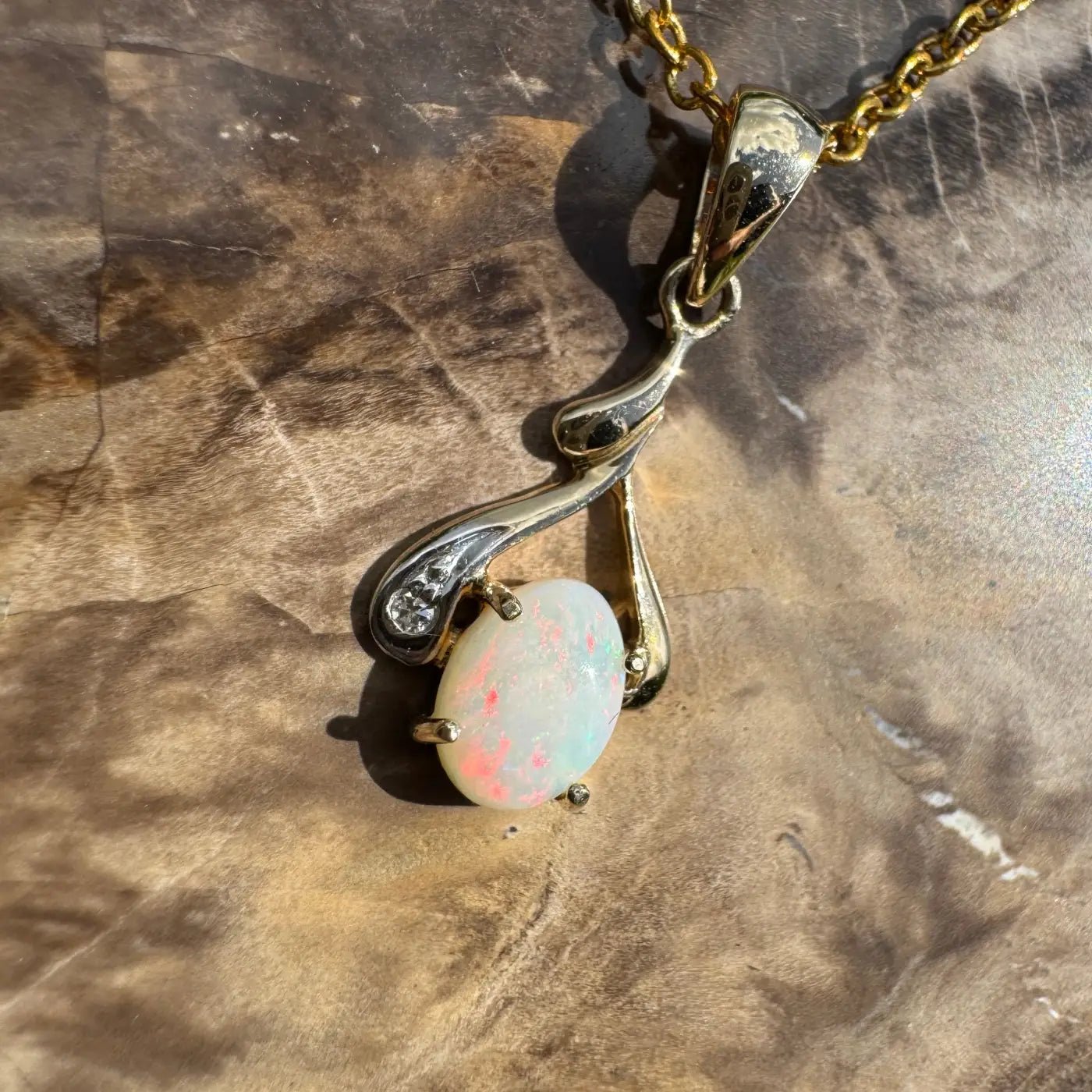 ‘Golden Red Centre' ~ Handcrafted 0.7ct Solid Coober Pedy Opal and Natural Diamond 9ct Australian Gold Pendant