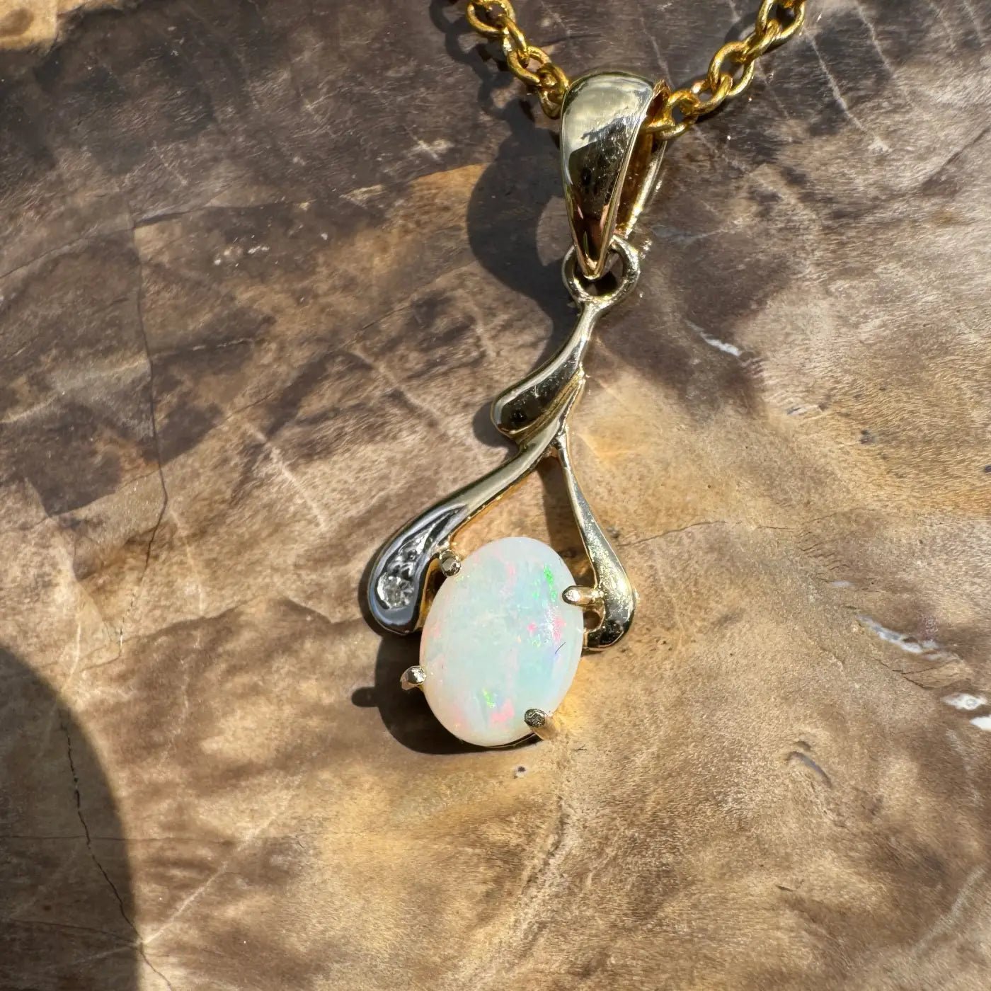 ‘Golden Red Centre' ~ Handcrafted 0.7ct Solid Coober Pedy Opal and Natural Diamond 9ct Australian Gold Pendant