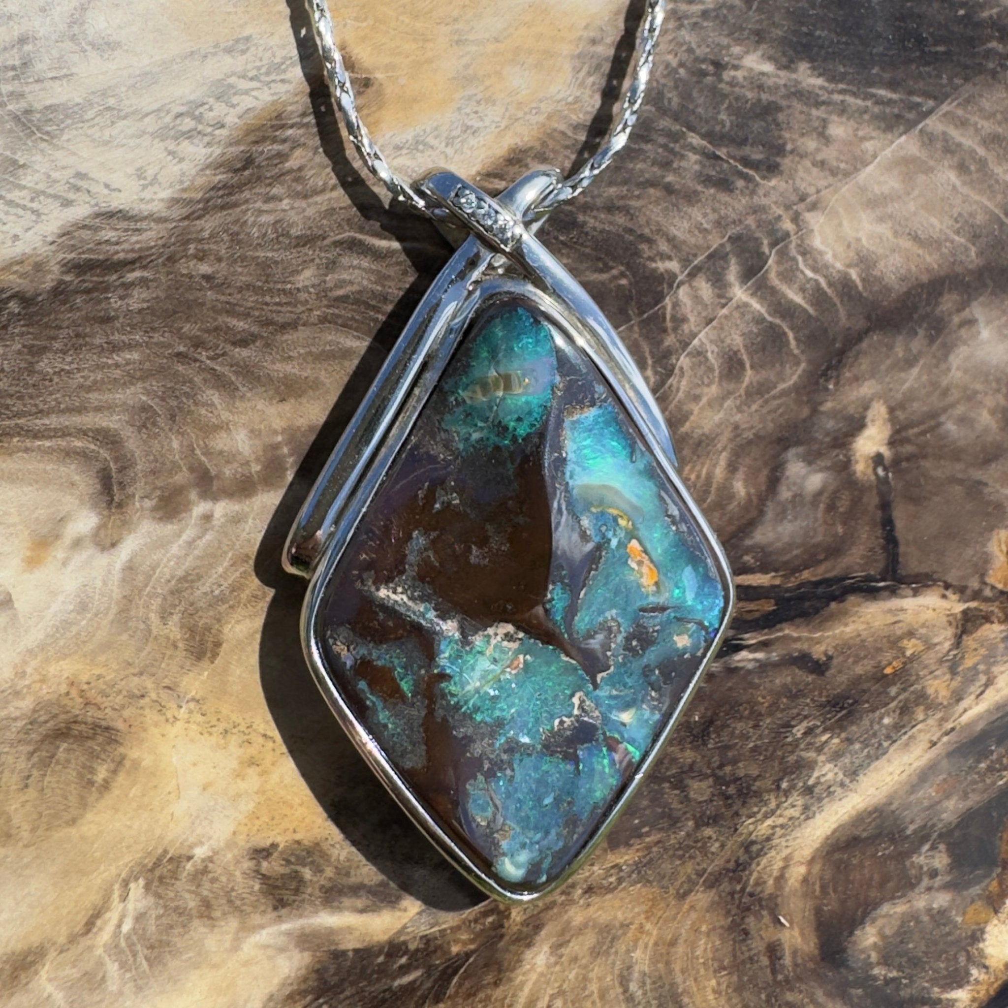 Great Australian Bight ~ Queensland Boulder Opal 925 Sterling Silver Pendant Necklace