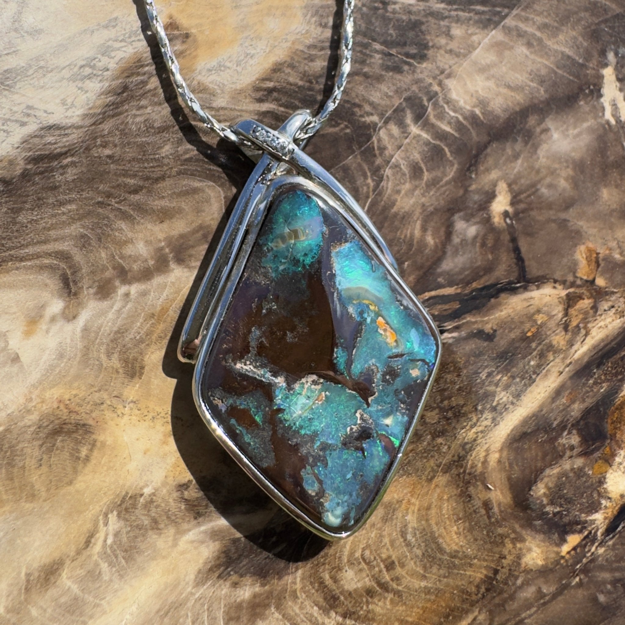 Great Australian Bight ~ Queensland Boulder Opal 925 Sterling Silver Pendant Necklace