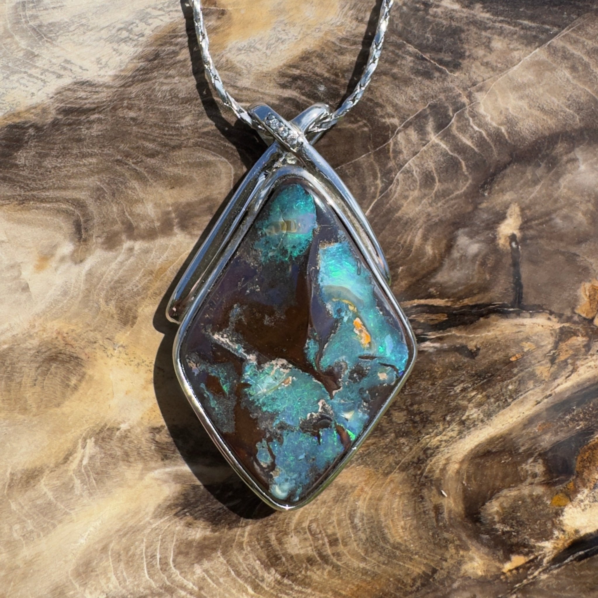 Great Australian Bight ~ Queensland Boulder Opal 925 Sterling Silver Pendant Necklace