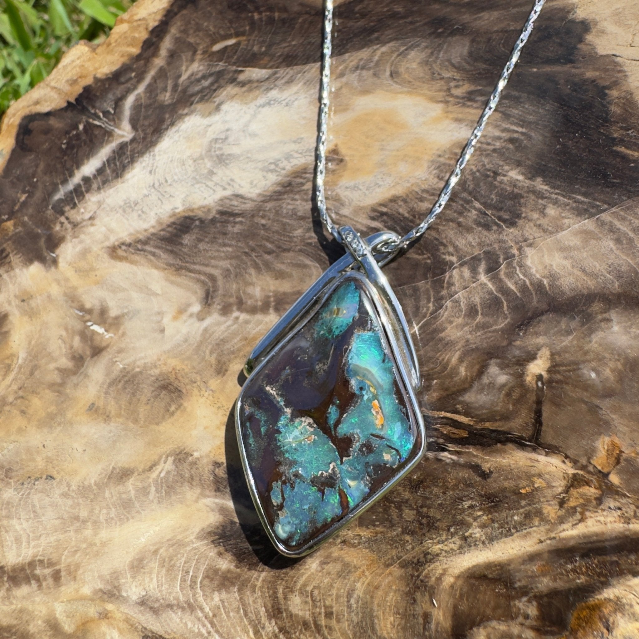 Great Australian Bight ~ Queensland Boulder Opal 925 Sterling Silver Pendant Necklace