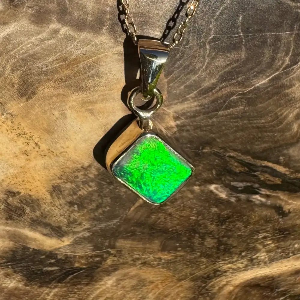 'Green and Gold' ~ Handcrafted 1.9ct Solid Lightning Ridge Black Opal 9ct Australian Gold Pendant