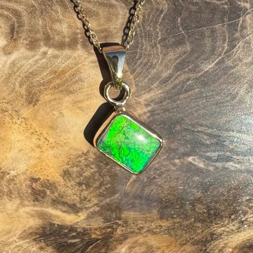 'Green and Gold' ~ Handcrafted 1.9ct Solid Lightning Ridge Black Opal 9ct Australian Gold Pendant