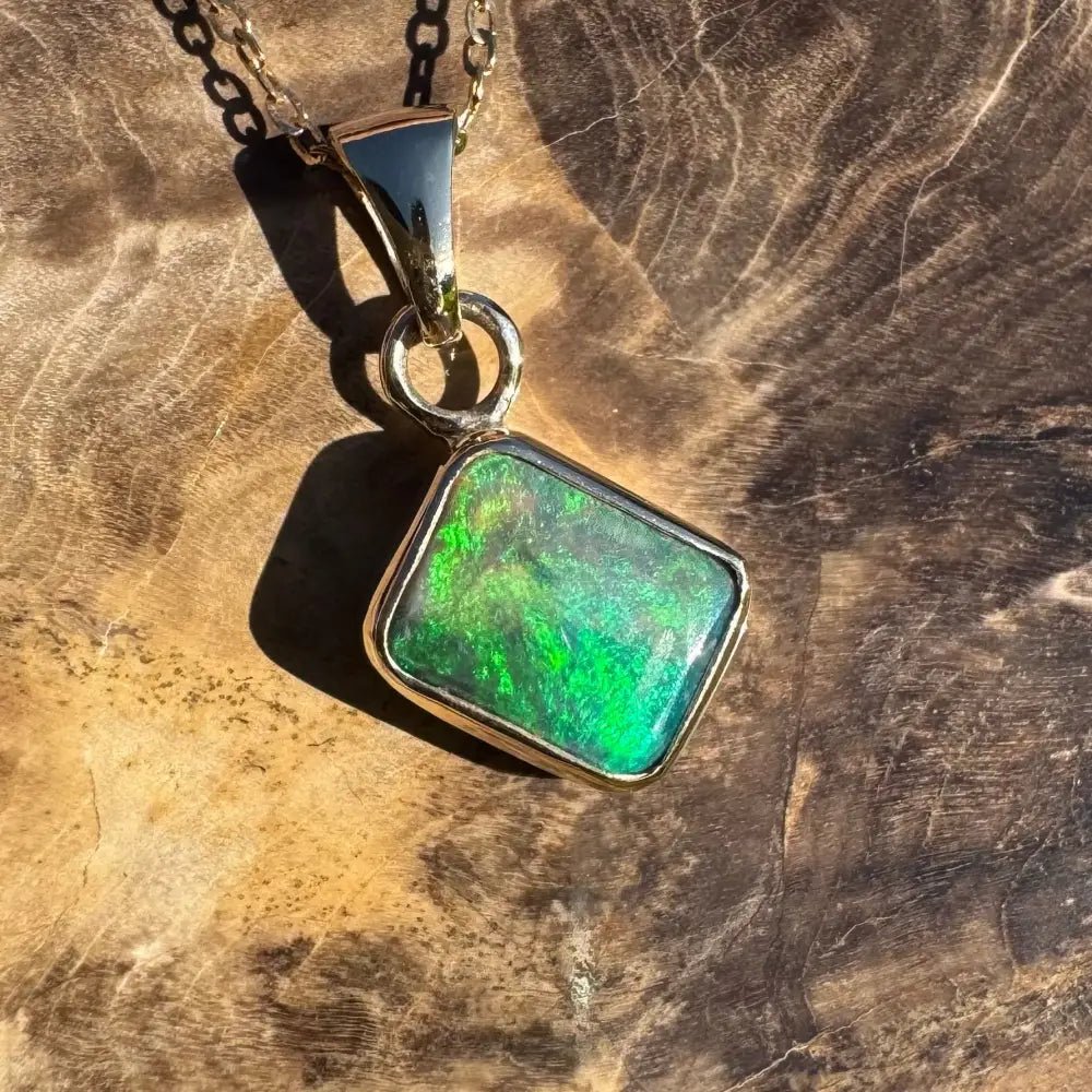 'Green and Gold' ~ Handcrafted 1.9ct Solid Lightning Ridge Black Opal 9ct Australian Gold Pendant