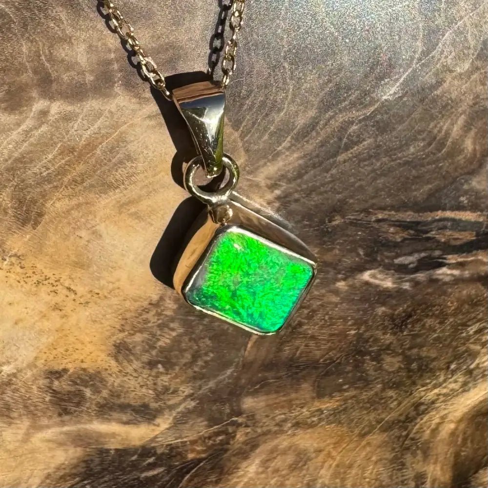 'Green and Gold' ~ Handcrafted 1.9ct Solid Lightning Ridge Black Opal 9ct Australian Gold Pendant