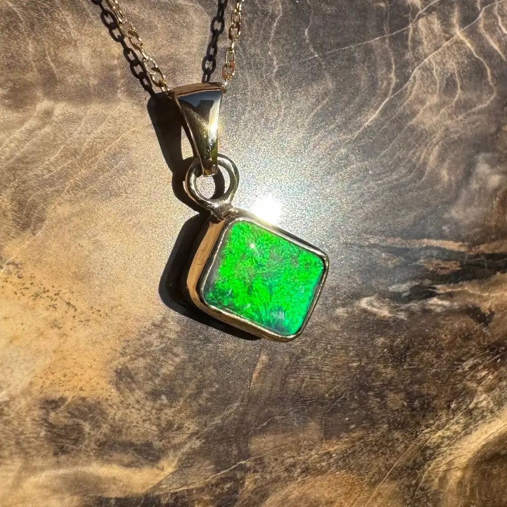 'Green and Gold' ~ Handcrafted 1.9ct Solid Lightning Ridge Black Opal 9ct Australian Gold Pendant