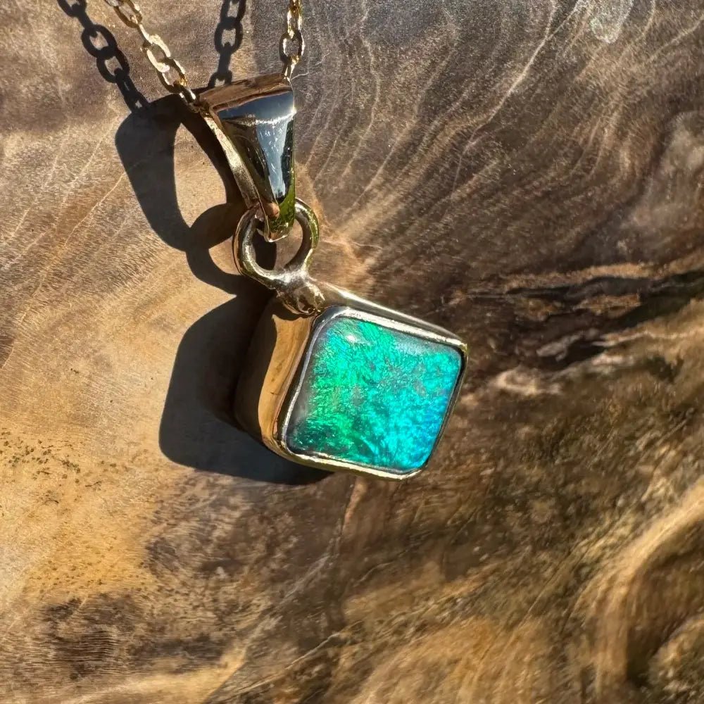 'Green and Gold' ~ Handcrafted 1.9ct Solid Lightning Ridge Black Opal 9ct Australian Gold Pendant