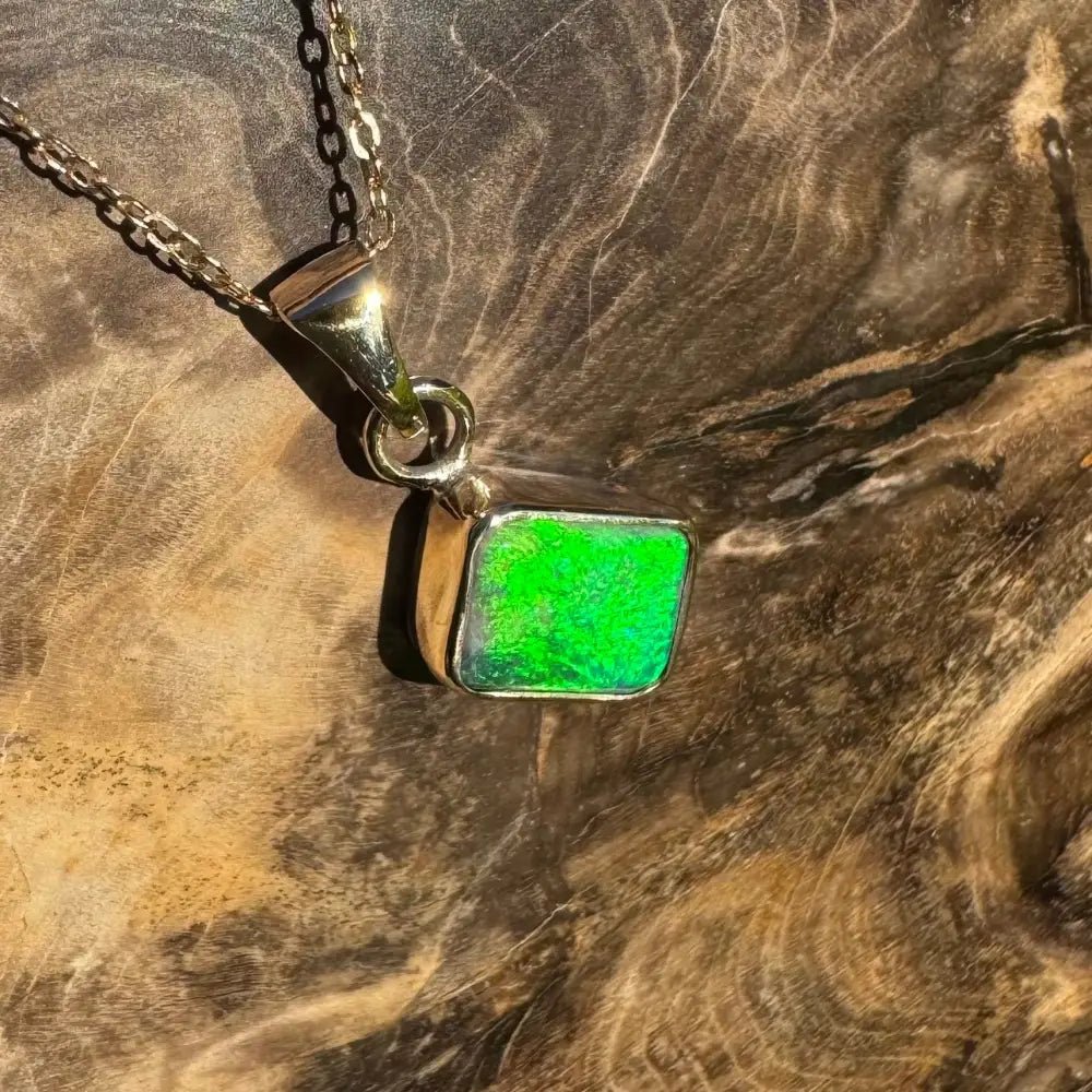 'Green and Gold' ~ Handcrafted 1.9ct Solid Lightning Ridge Black Opal 9ct Australian Gold Pendant