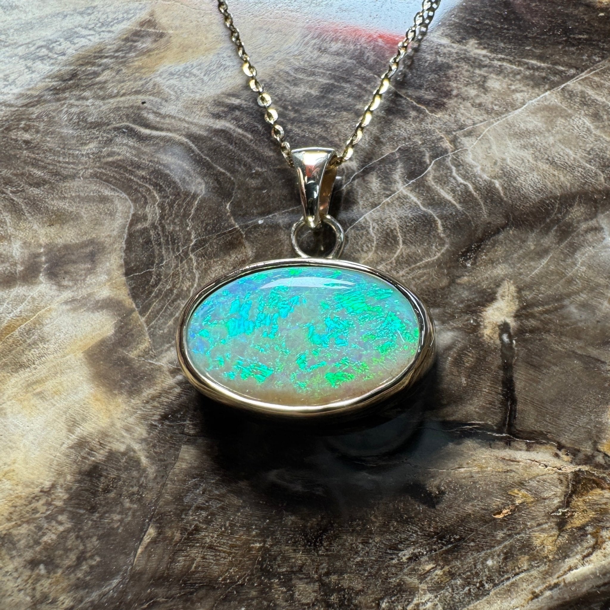 Green Ridge Fire ~ 3.6ct Solid Lightning Ridge Opal 9ct Australian Gold Pendant
