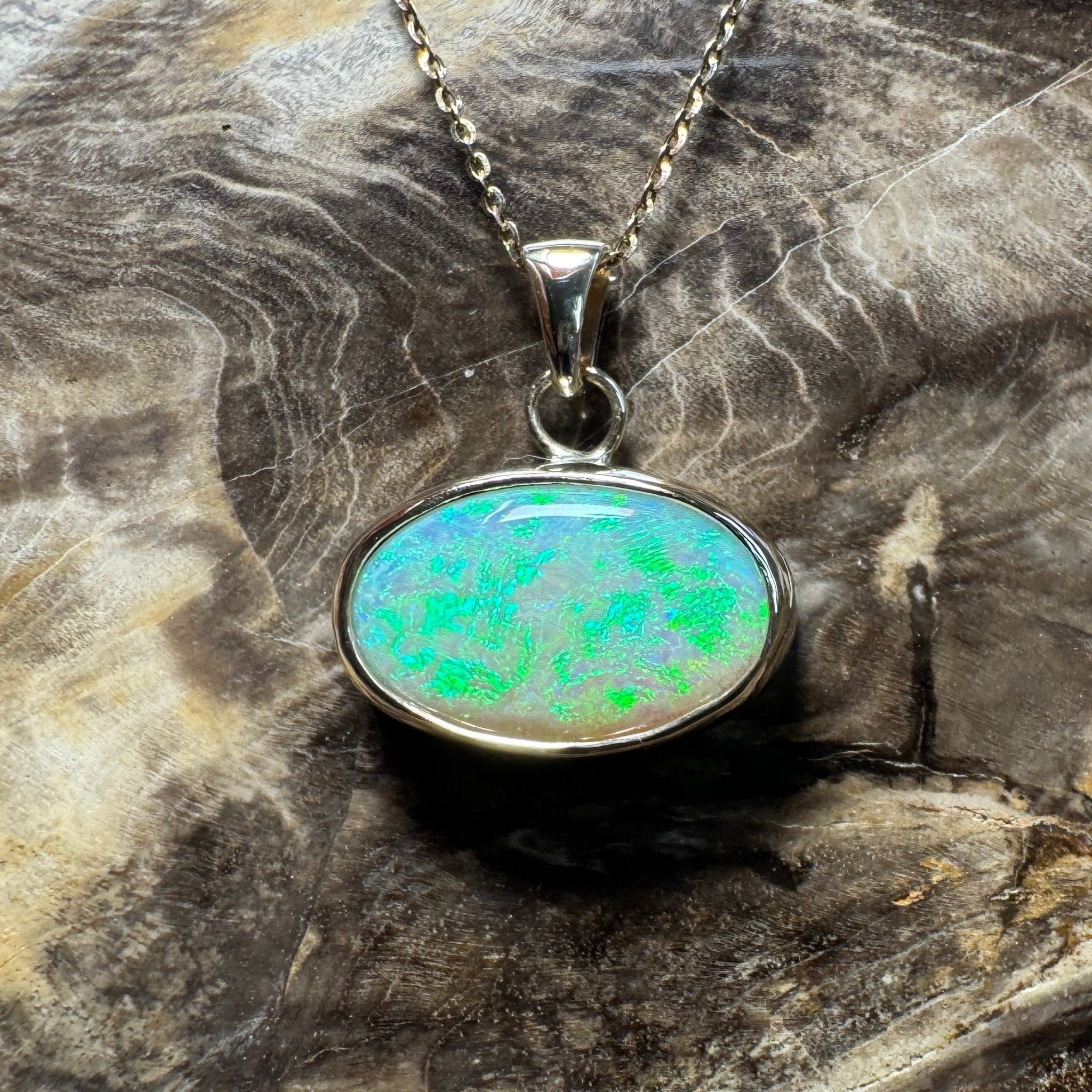 Green Ridge Fire ~ 3.6ct Solid Lightning Ridge Opal 9ct Australian Gold Pendant