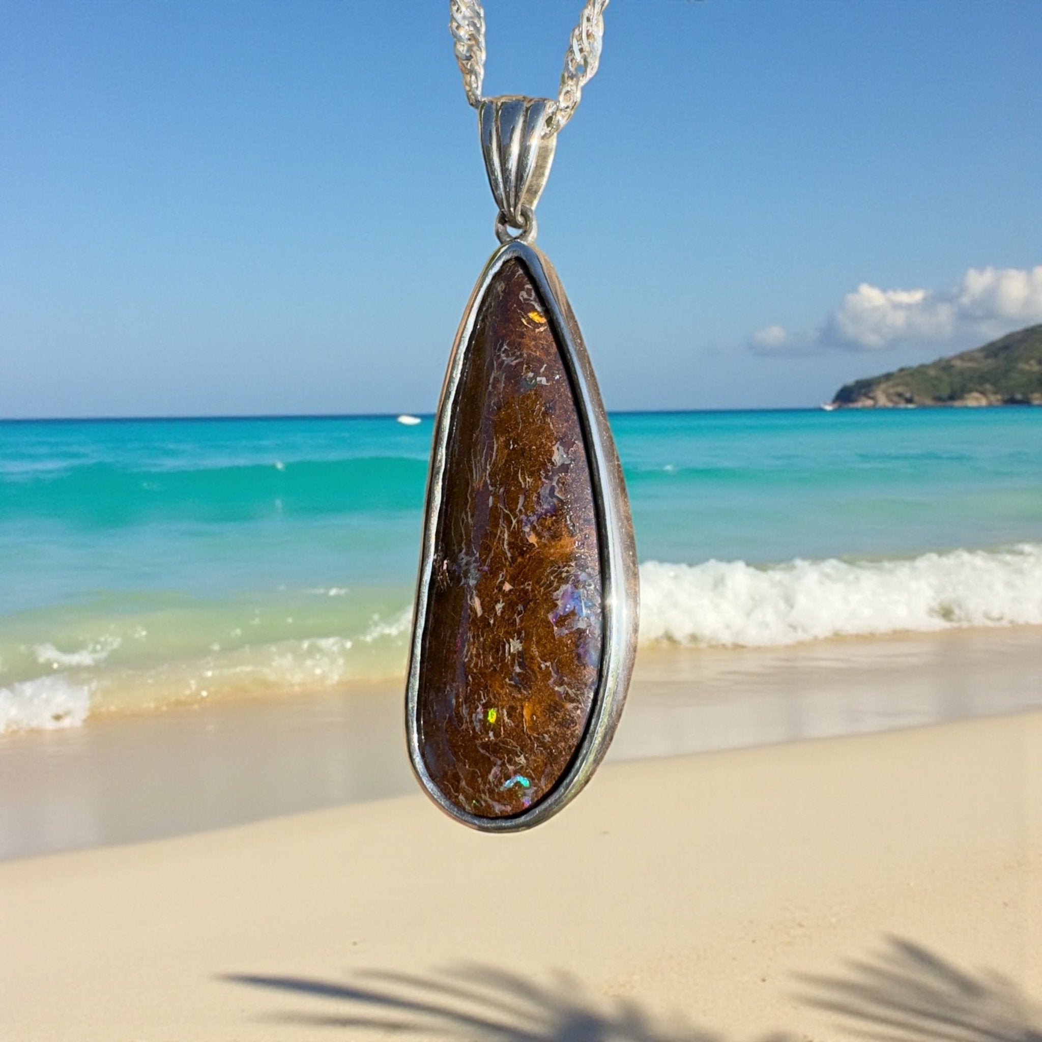 Gulf Country Fire Drift ~ Queensland Boulder Opal 925 Sterling Silver Pendant Necklace
