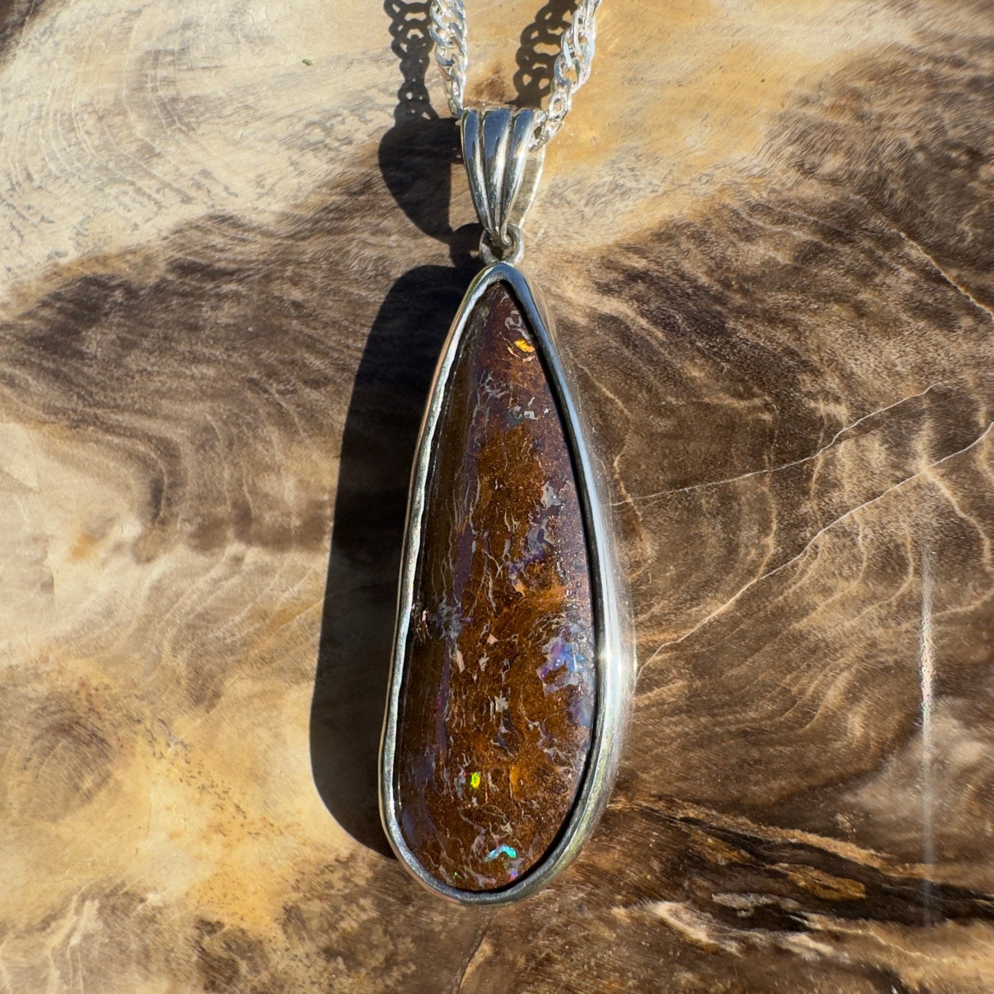 Gulf Country Fire Drift ~ Queensland Boulder Opal 925 Sterling Silver Pendant Necklace