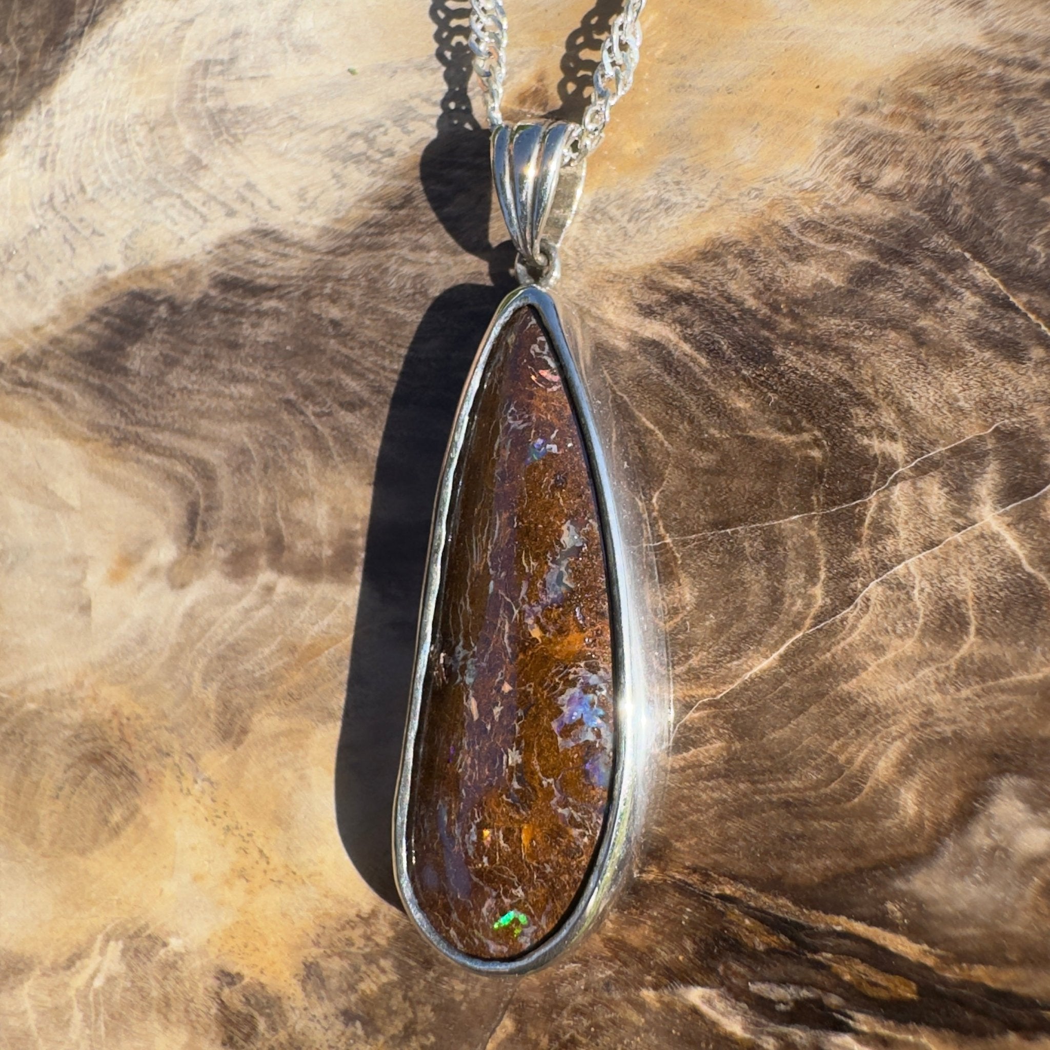 Gulf Country Fire Drift ~ Queensland Boulder Opal 925 Sterling Silver Pendant Necklace