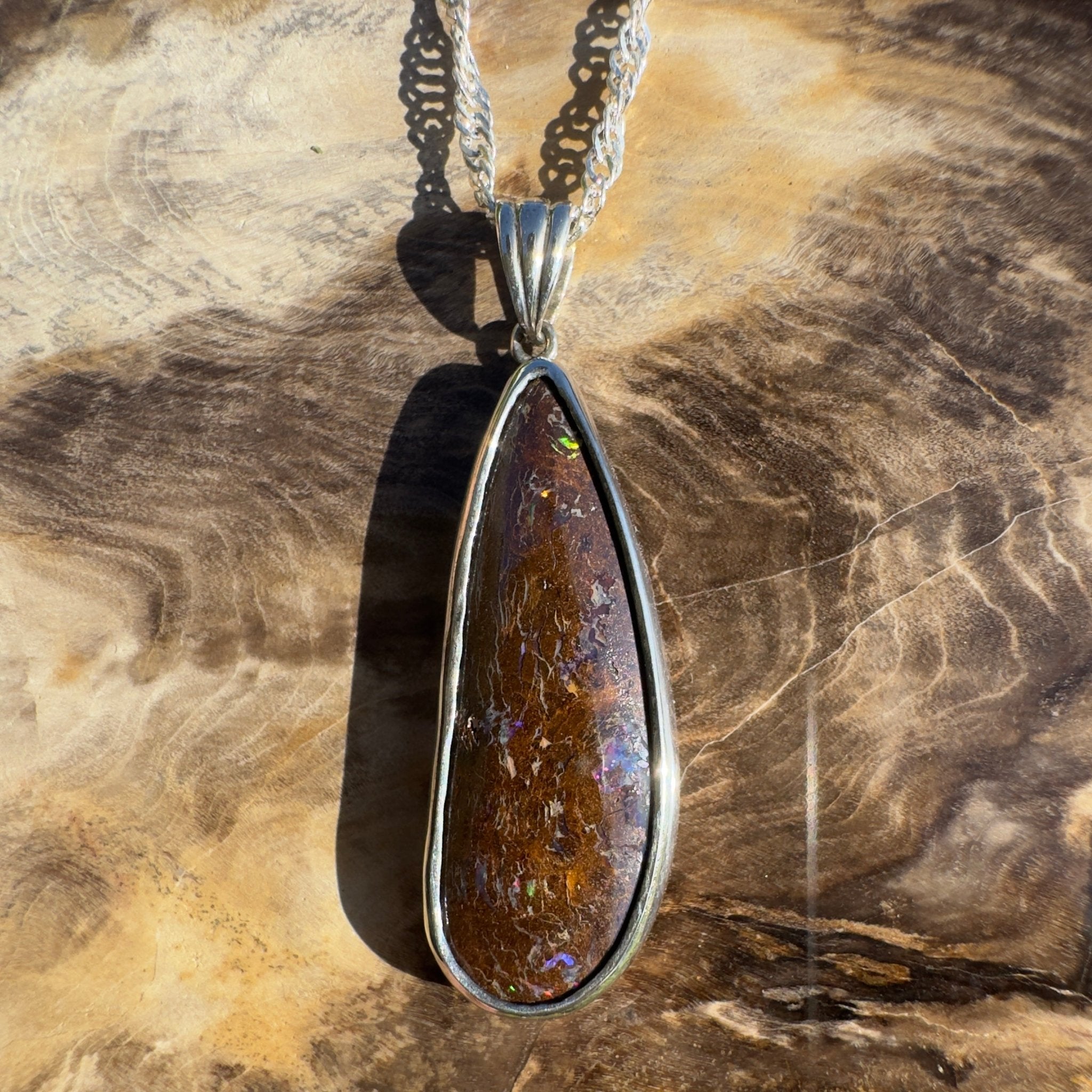 Gulf Country Fire Drift ~ Queensland Boulder Opal 925 Sterling Silver Pendant Necklace