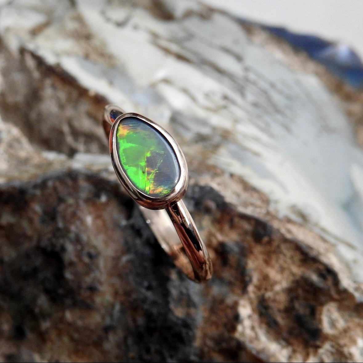 Gundabooka Glow Ring ~ 0.6ct Solid Lightning Ridge Opal 9ct Solid Rose Gold Ring