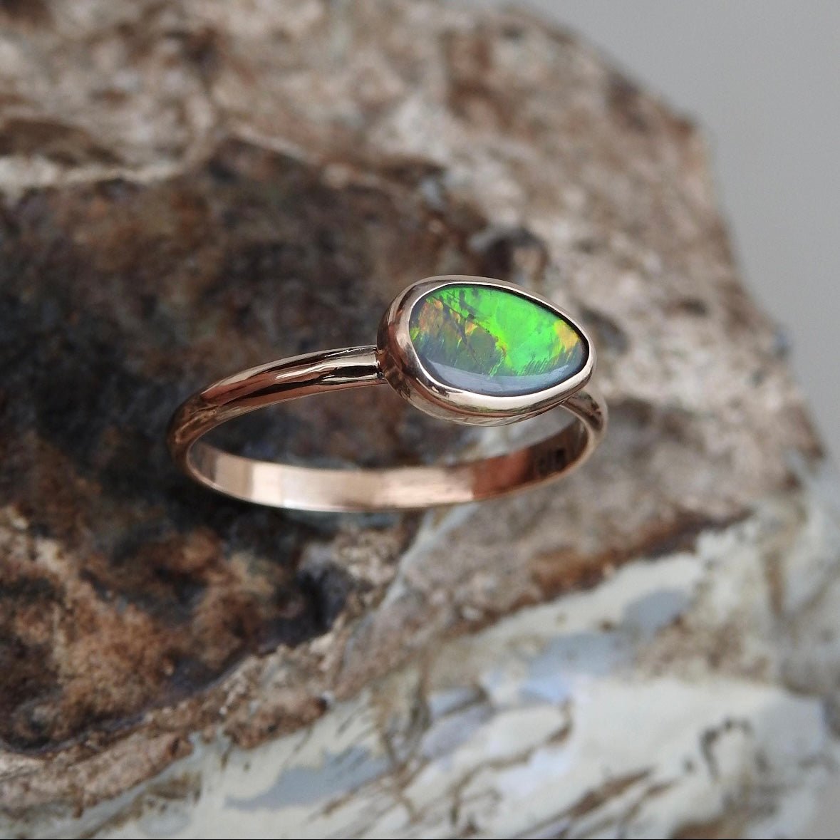 Gundabooka Glow Ring ~ 0.6ct Solid Lightning Ridge Opal 9ct Solid Rose Gold Ring