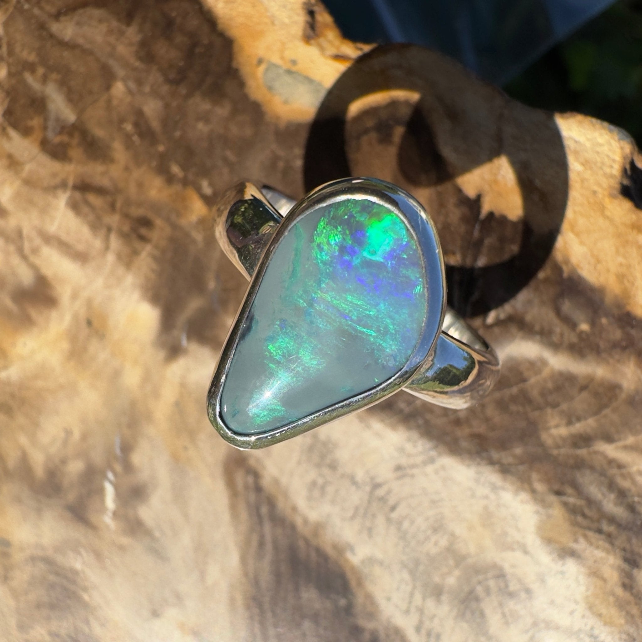 Gunnedah Shadow – 2.5ct Solid Lightning Ridge Semi Black Opal 925 Sterling Silver Ring