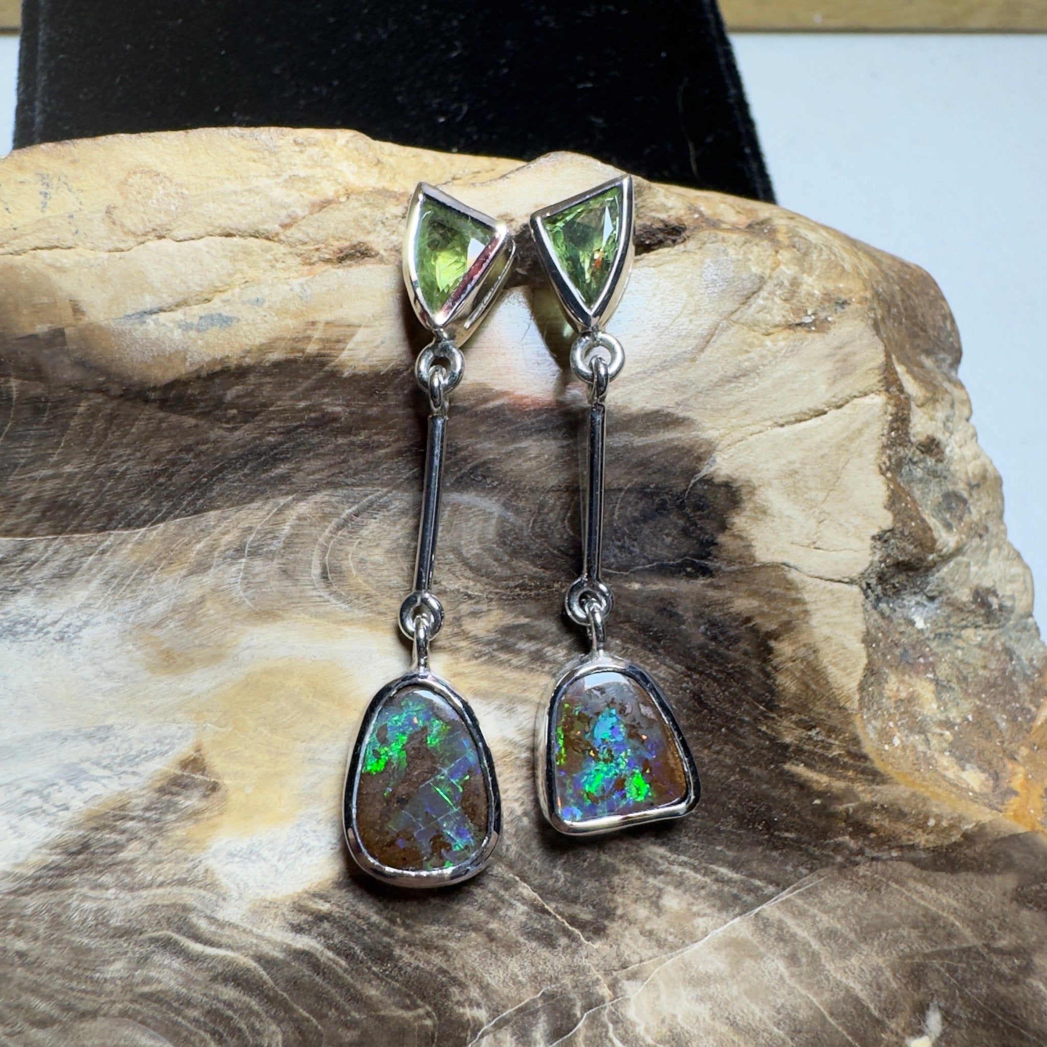Hamersley Horizon ~ Handcrafted 1.7ct Queensland Sapphire and 6.2ct Solid Queensland Boulder Opal 925 Silver Earrings