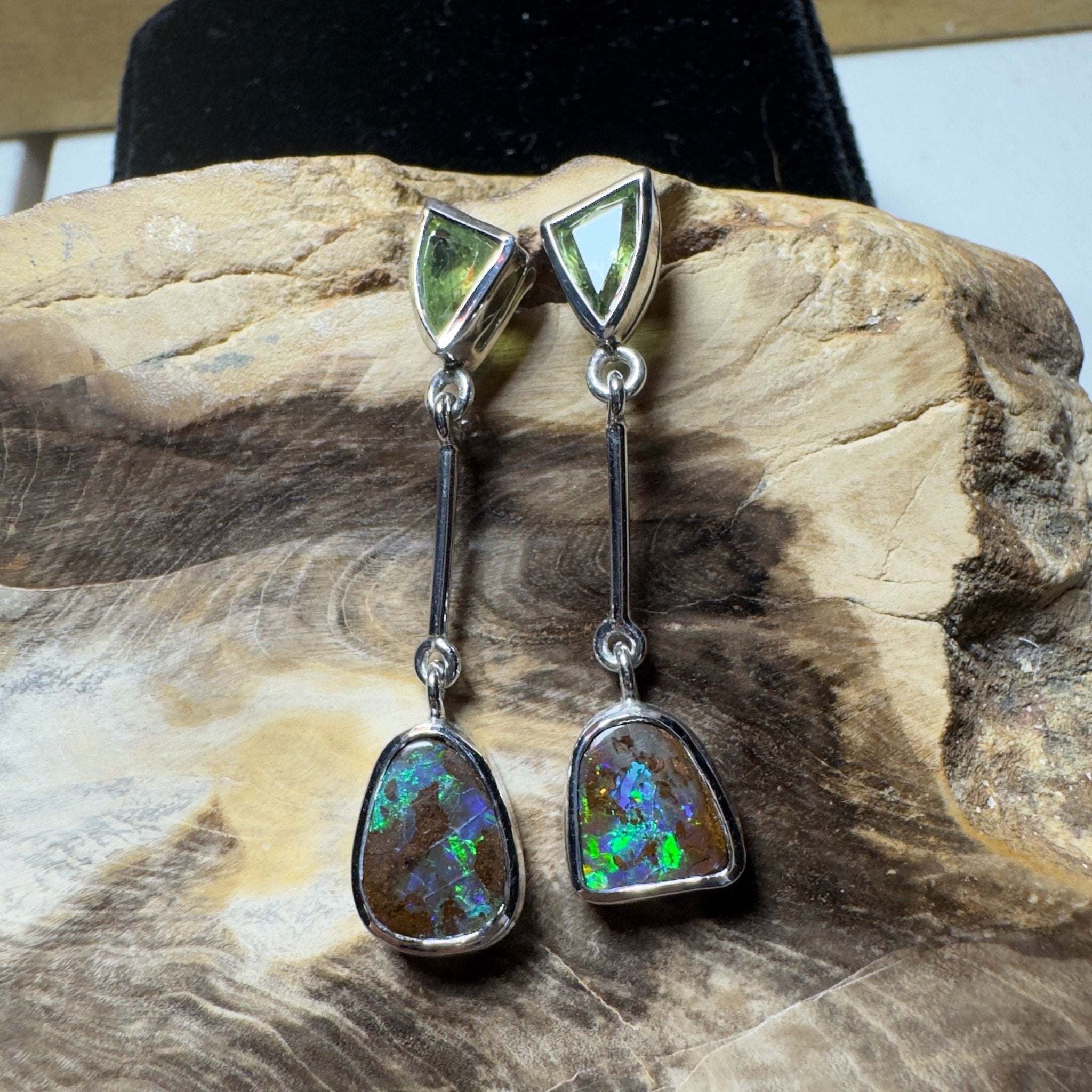 Hamersley Horizon ~ Handcrafted 1.7ct Queensland Sapphire and 6.2ct Solid Queensland Boulder Opal 925 Silver Earrings