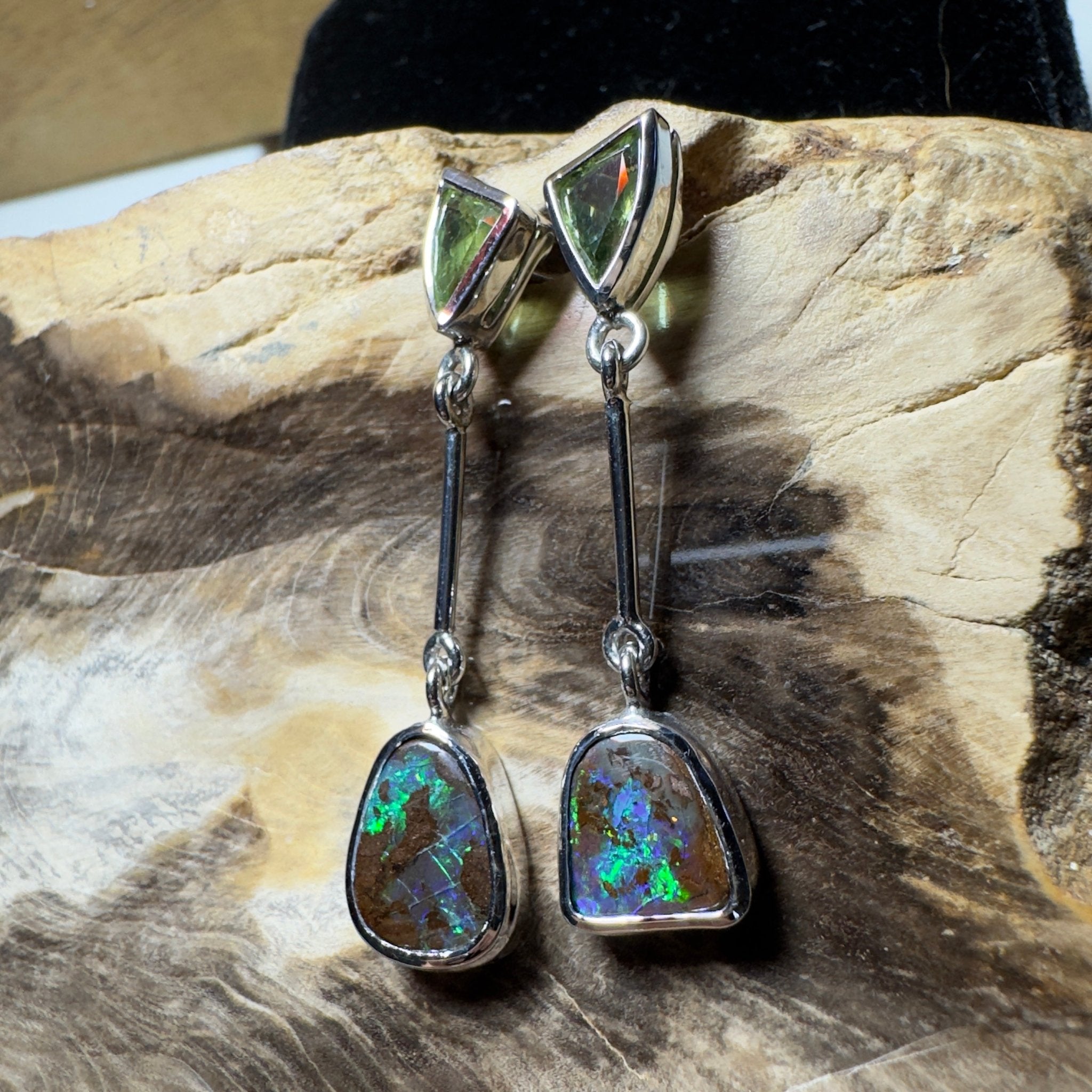 Hamersley Horizon ~ Handcrafted 1.7ct Queensland Sapphire and 6.2ct Solid Queensland Boulder Opal 925 Silver Earrings