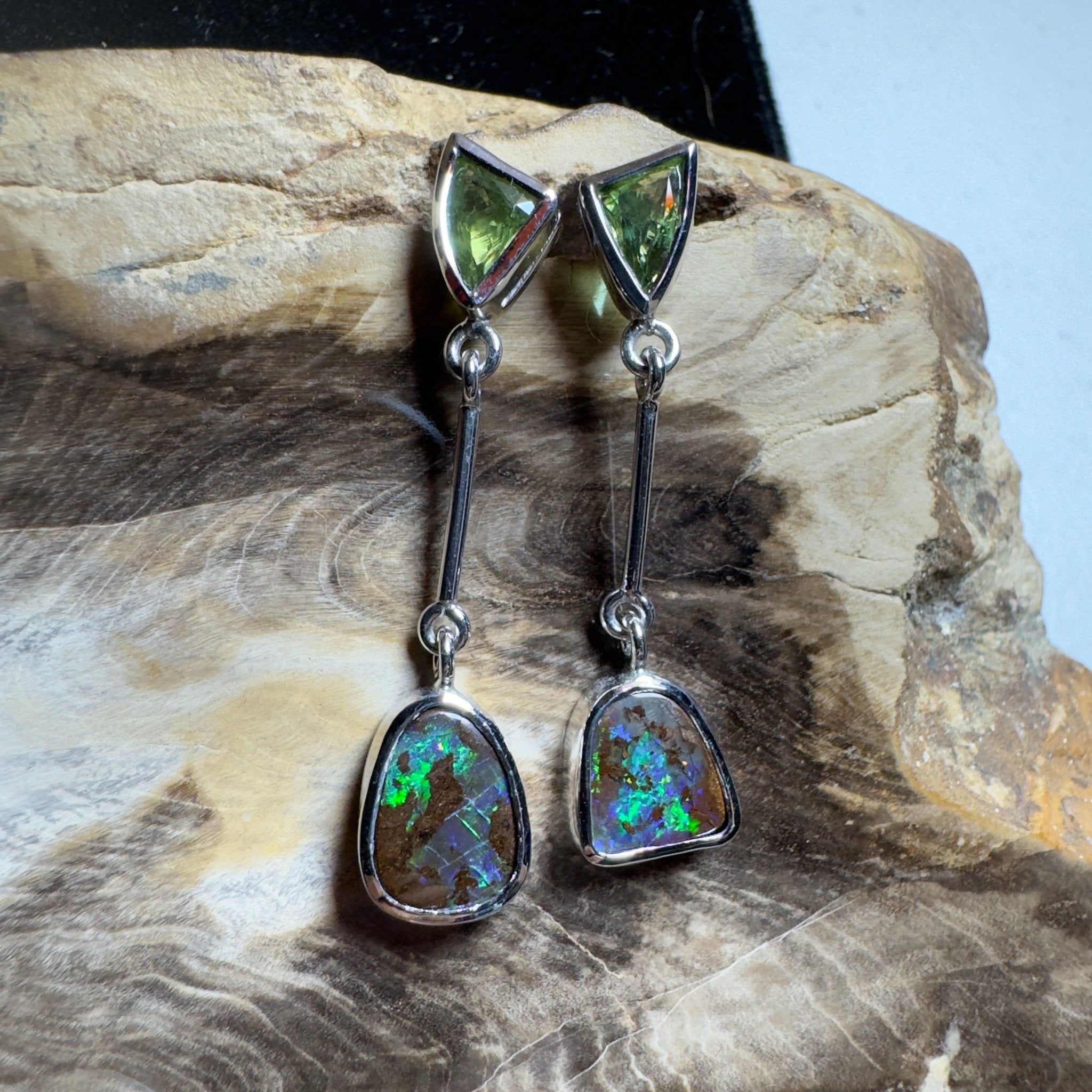 Hamersley Horizon ~ Handcrafted 1.7ct Queensland Sapphire and 6.2ct Solid Queensland Boulder Opal 925 Silver Earrings