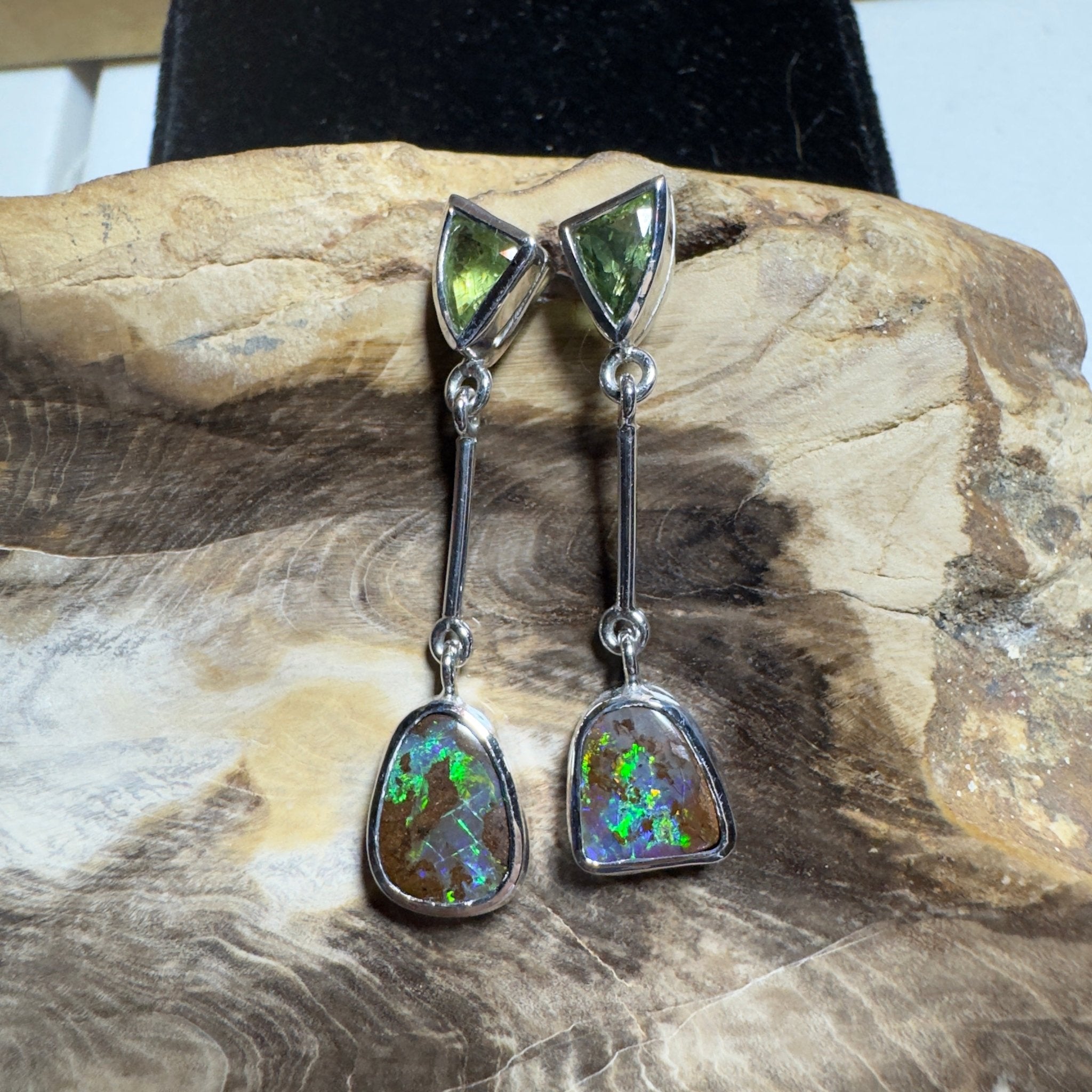 Hamersley Horizon ~ Handcrafted 1.7ct Queensland Sapphire and 6.2ct Solid Queensland Boulder Opal 925 Silver Earrings