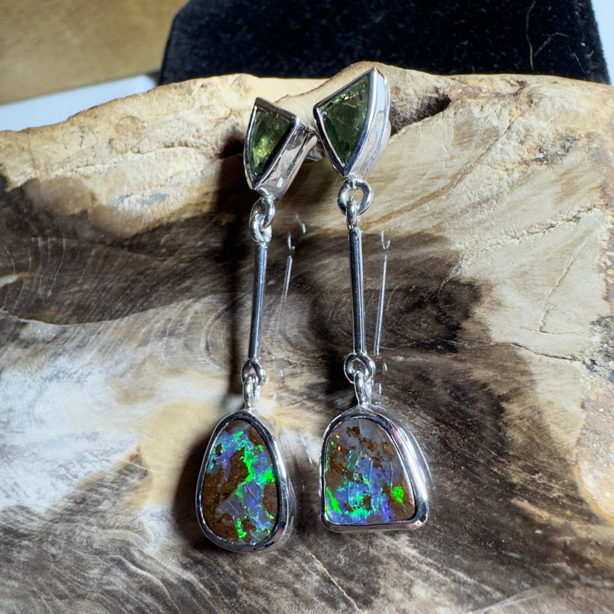 Hamersley Horizon ~ Handcrafted 1.7ct Queensland Sapphire and 6.2ct Solid Queensland Boulder Opal 925 Silver Earrings