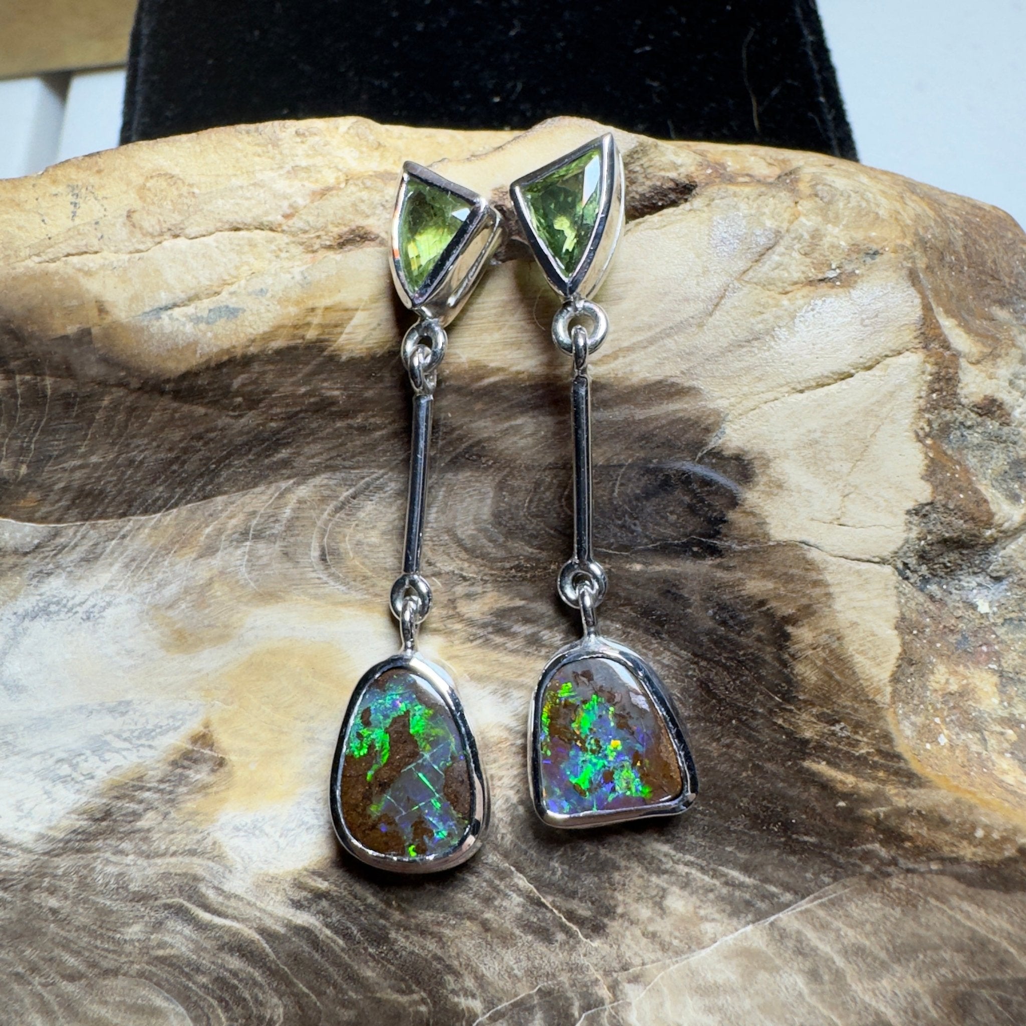 Hamersley Horizon ~ Handcrafted 1.7ct Queensland Sapphire and 6.2ct Solid Queensland Boulder Opal 925 Silver Earrings