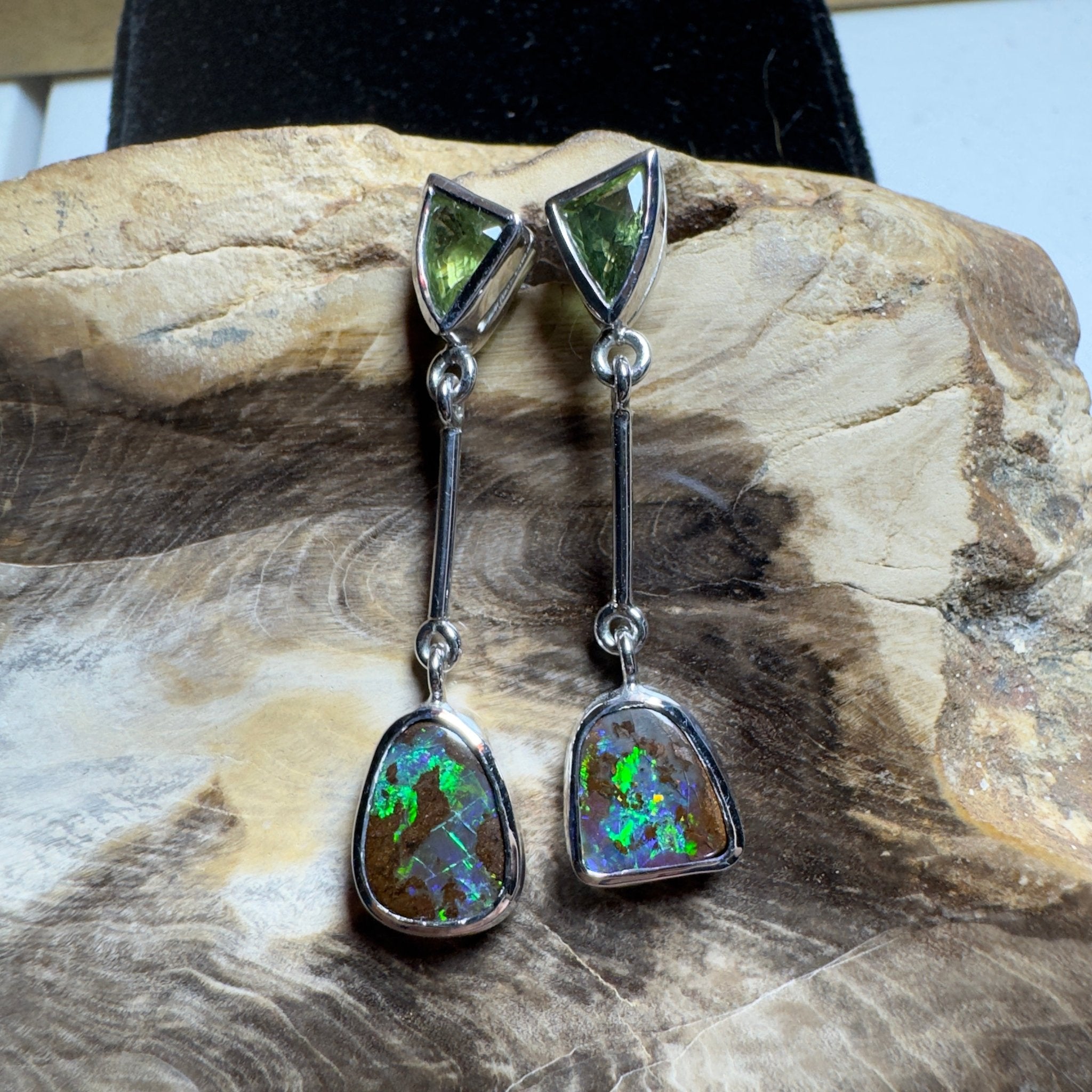 Hamersley Horizon ~ Handcrafted 1.7ct Queensland Sapphire and 6.2ct Solid Queensland Boulder Opal 925 Silver Earrings
