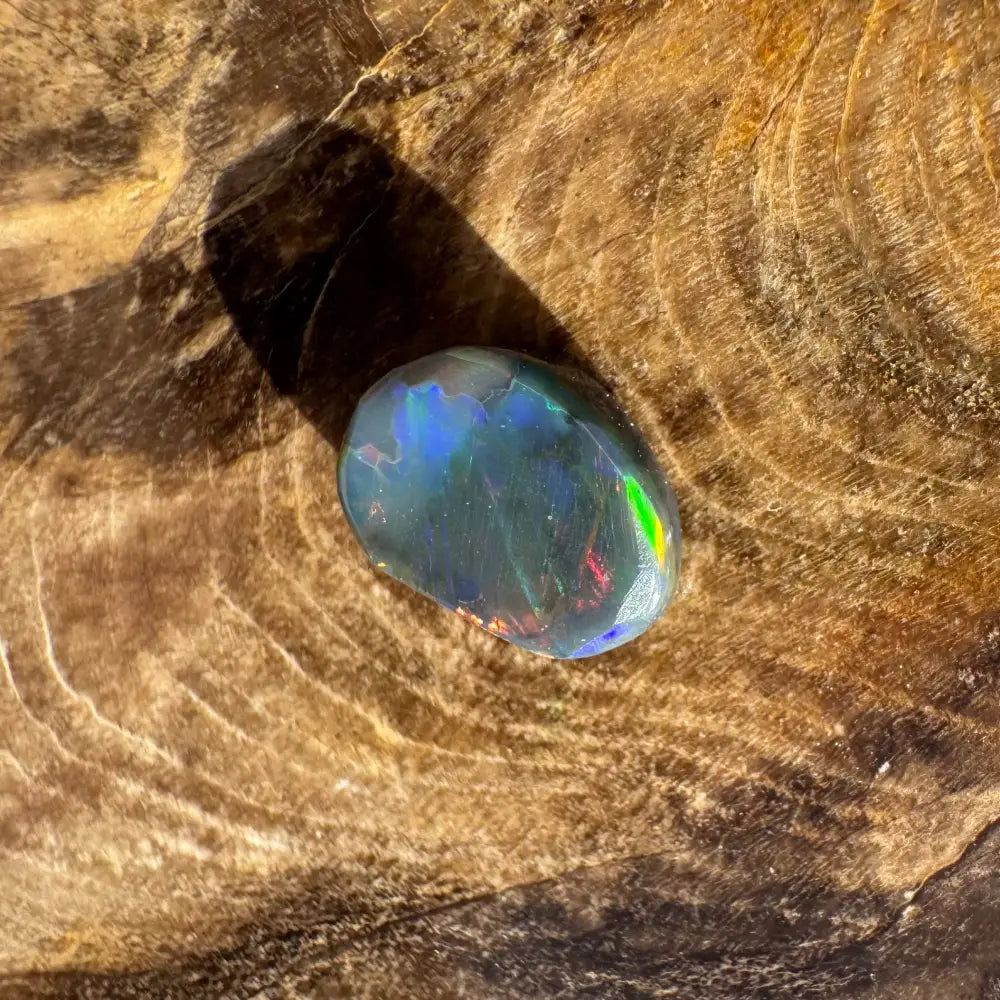 Iridescent black opal gemstone from Lightning Ridge in a 0.9 carat hand-cut solid piece