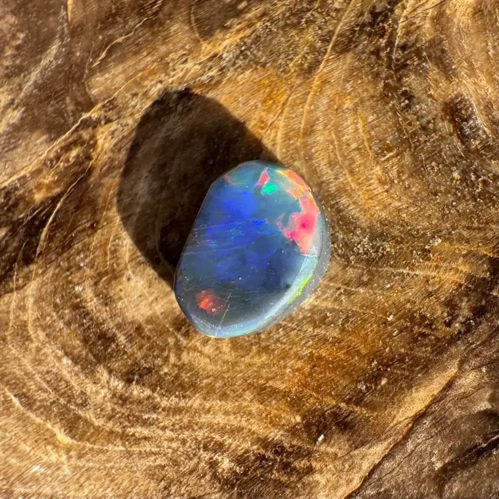Polished black Opal with vibrant color play in a Hand-Cut Solid Lightning Ridge Black Opal 0.9 carat