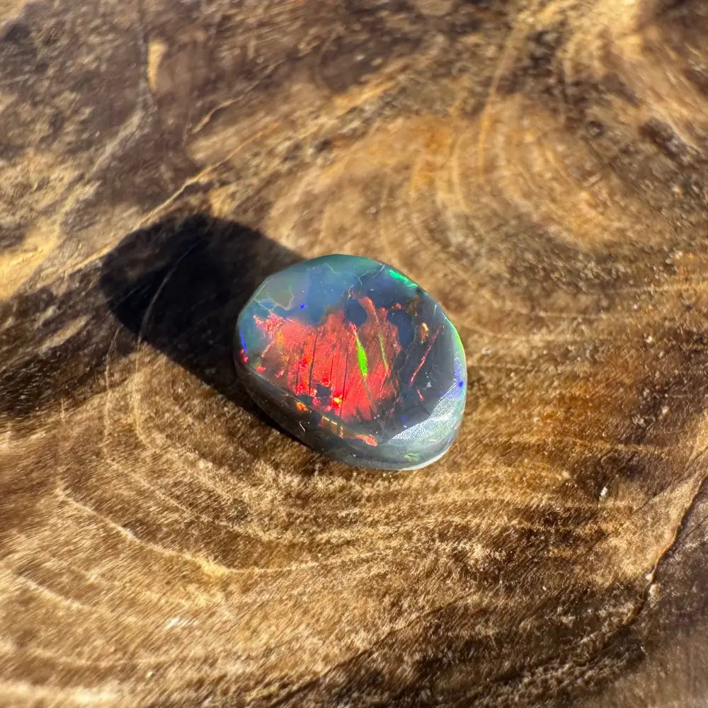 Polished black opal with red and green flashes in Hand-Cut Solid Lightning Ridge Black Opal 0.9carat