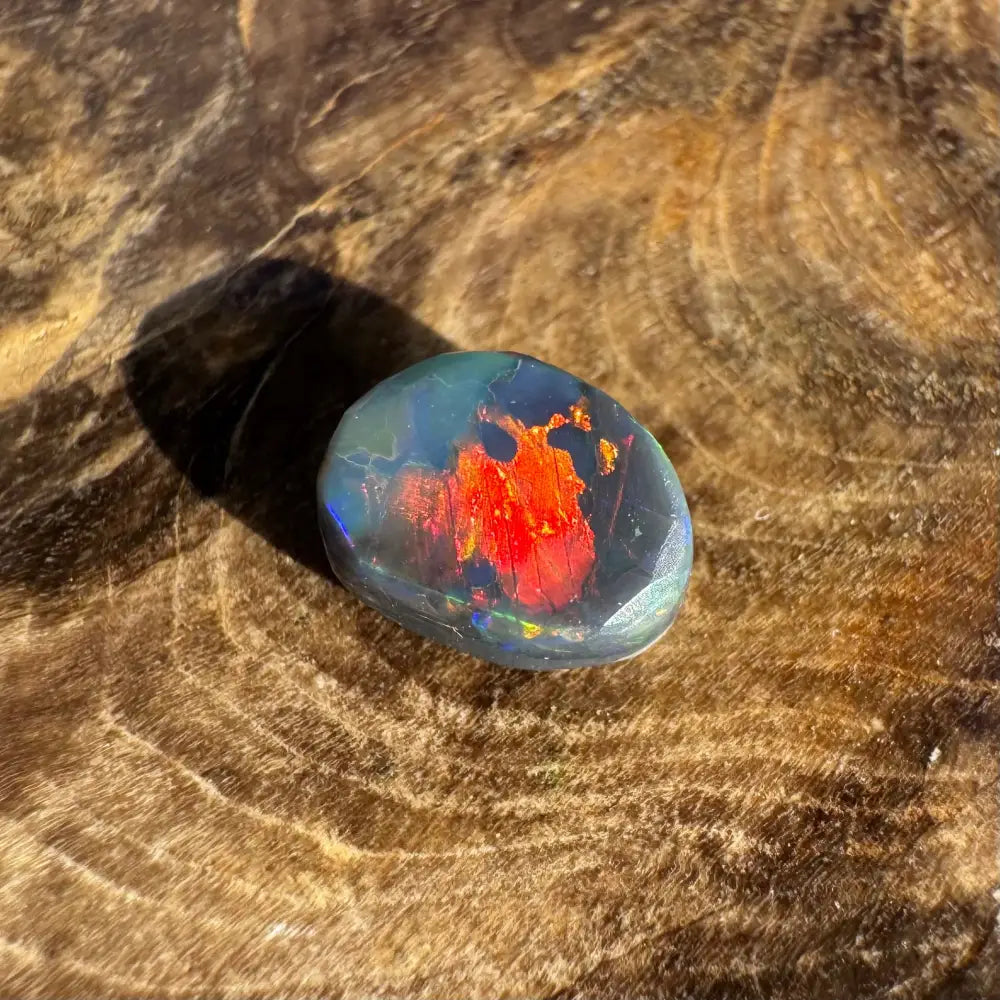 Polished Lightning Ridge Black Opal displaying red and blue play-of-color in a 0.9 carat hand-cut gemstone