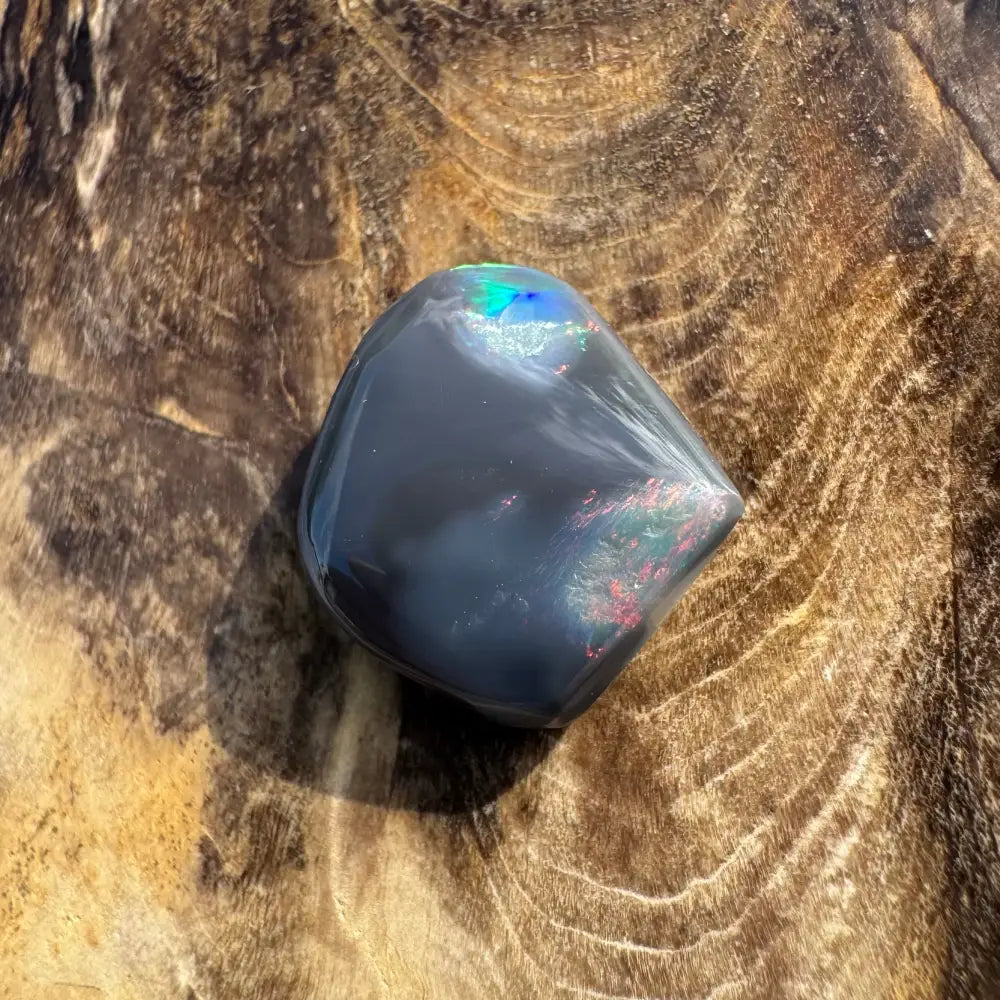 Polished black opal with iridescent flashes from Lightning Ridge in the 4.0 carat Hand-Cut Solid Black Opal display