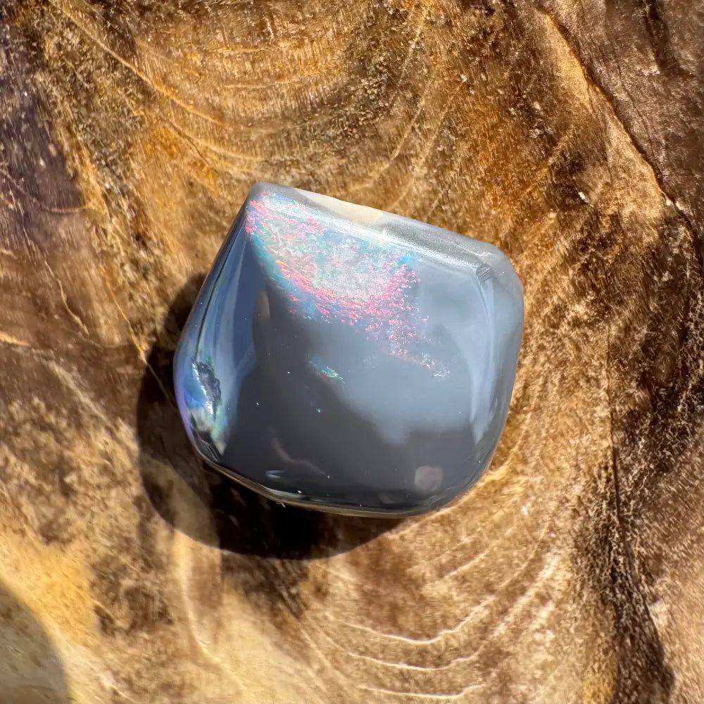 Polished gray stone with iridescent shimmer, nature’s unique Lightning Ridge Black Opal