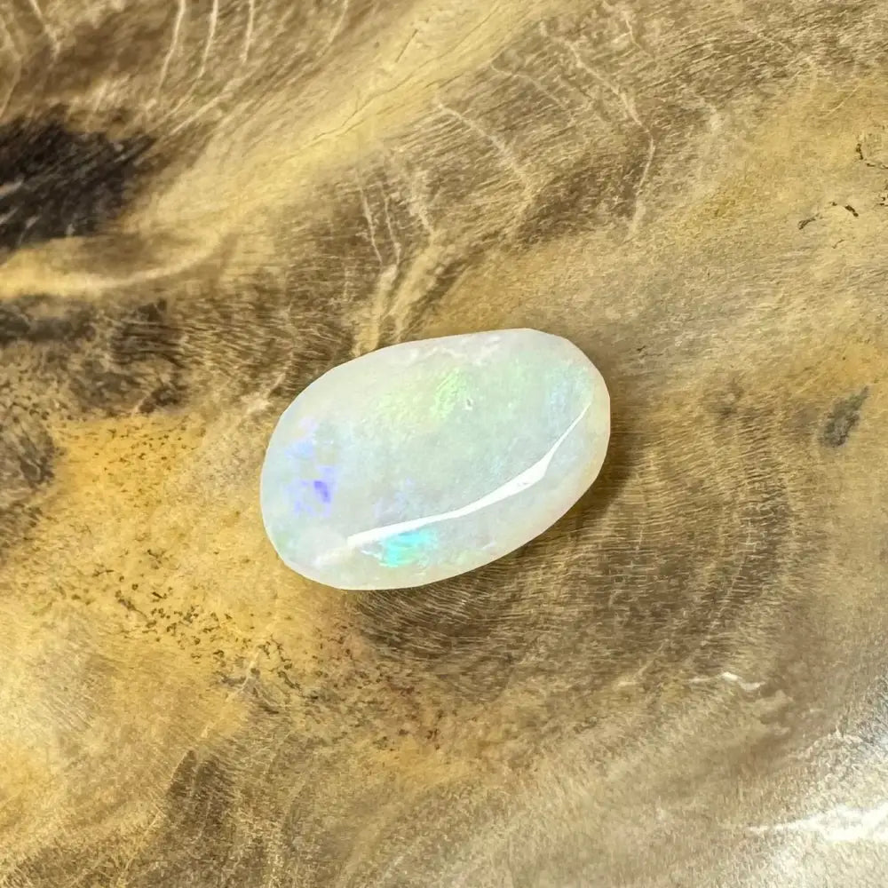 Polished Lightning Ridge Opal gemstone with iridescent flashes in a hand-cut display