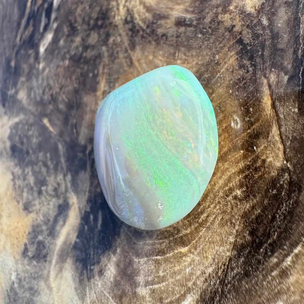 Polished Lightning Ridge Opal weighing 7.3 carats with green and white iridescence