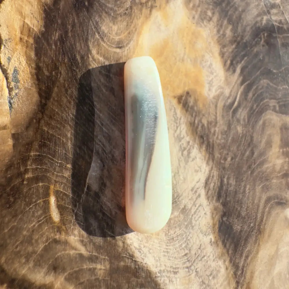 Polished elongated Lightning Ridge Opal with gray and white swirling patterns, 7.5 carats